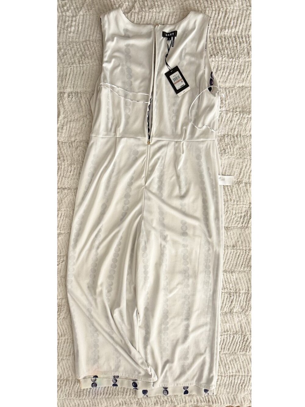 NWT DKNY White with Blue Printed Sleeveless Wide Leg Jumpsuit, Size 12 - Picture 9 of 9